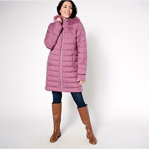 Susan Graver Regular Water Resistant Quilted Coat with Hood in Mauve Size XL